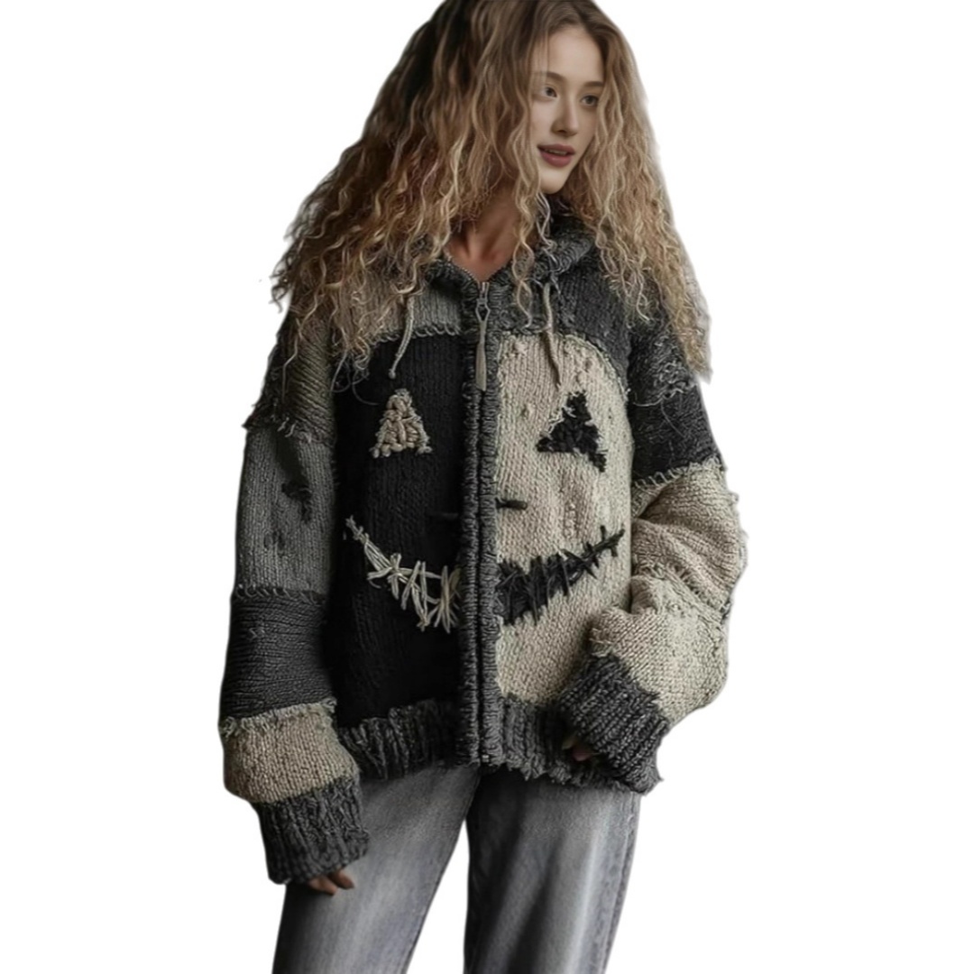 Halloween Sweater Winter Gothic Oversized Knit Cardigan Patchwork Print Knit Top